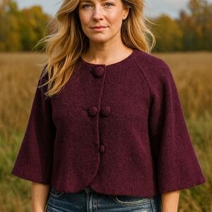 Women's Burgundy Sweater Jacket. 3/4 Length Sleeve. Button Closure. Sz L. Lined